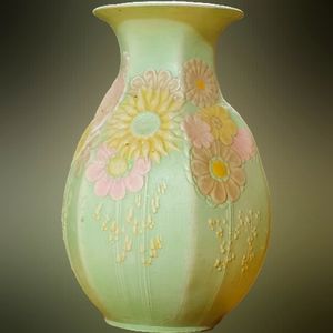 Vintage Handmade & Painted Floral Vase Dasies Flowers Green Pink Yellow